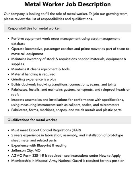 job description of sheet metal worker|sheet metal workers salary.